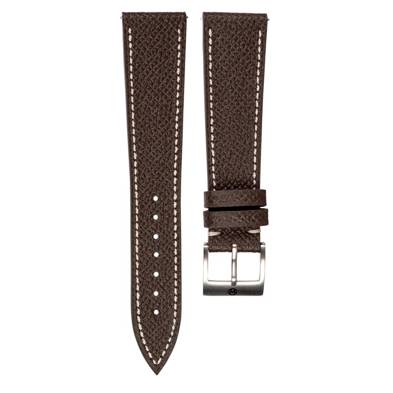Monochrome - Grained Calfskin Watch Strap - Brown (White Stitch)