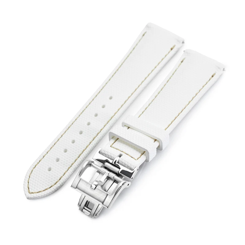 FKM39 White Deployment FKM Rubber Watch Band Beige Stitch, 18mm to 23mm