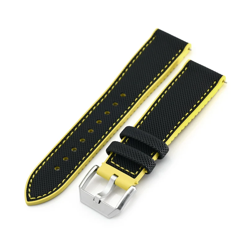 FKM38 Black on Yellow FKM Quick Release Rubber Watch Band, Brushed, 20mm or 22mm