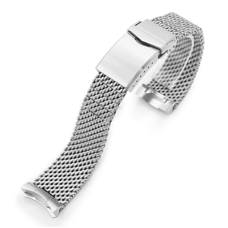Curved End Massy Mesh Watch Band compatible with Seiko SKX007, V-Clasp, Brushed