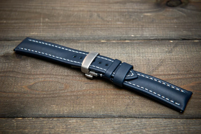 Stormsail sailcloth waterproof watch strap, Blue with white stitching. Deployment clasp