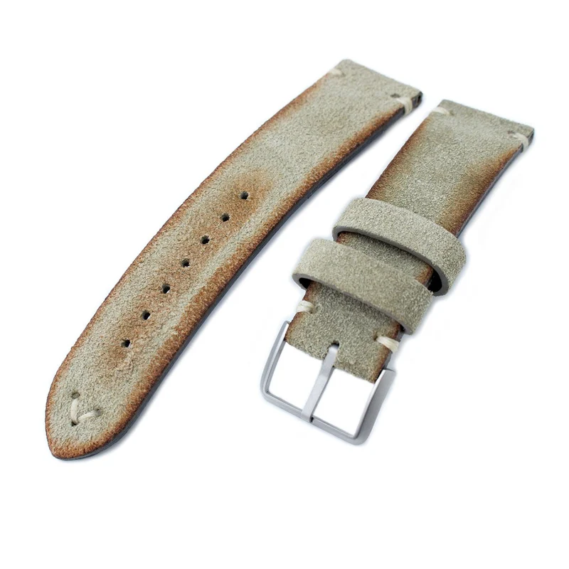 21mm MiLTAT Grey Green Genuine Nubuck Leather Watch Strap, Beige Stitching, Sandblasted Buckle