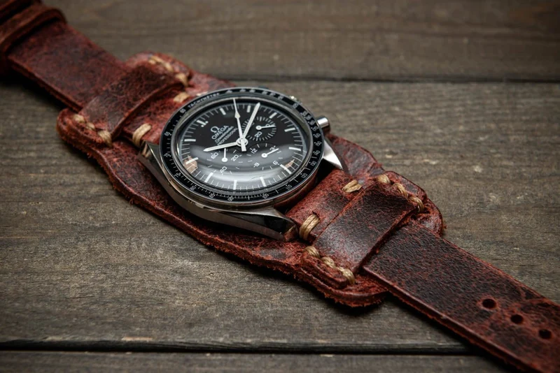 Bund-style Leather Watch Strap, Aviator model, Crazy Cow suede leather watch strap