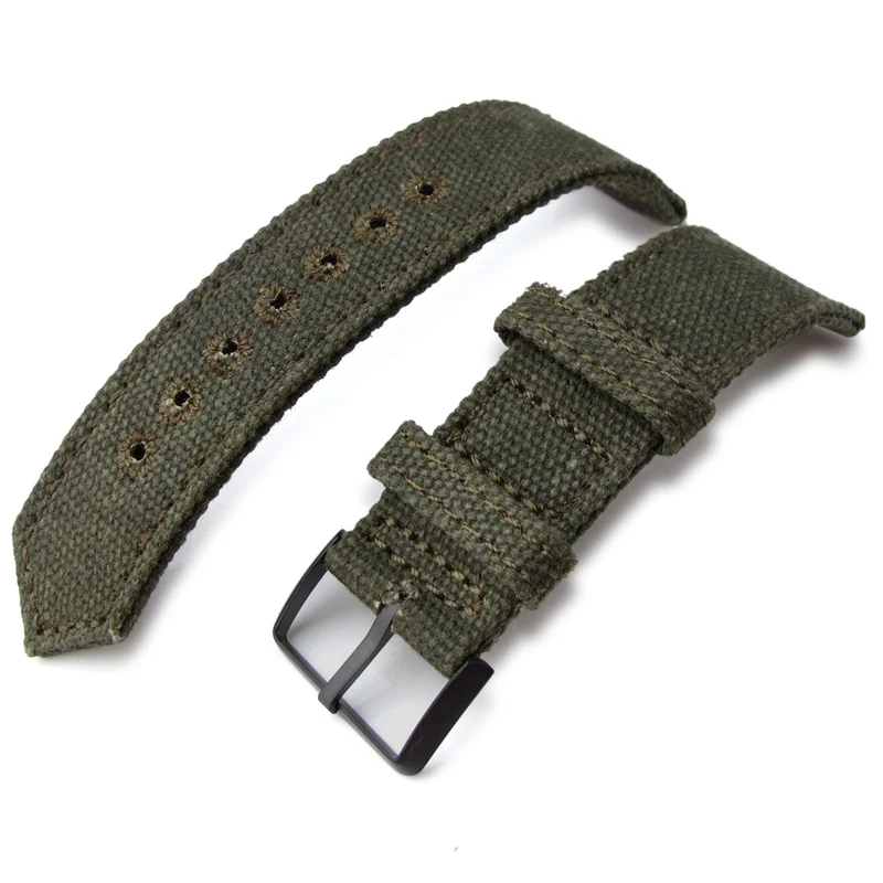 20mm, 21mm or 22mm MiLTAT WW2 2-piece Military Green Washed Canvas Armband with lockstitch round hole, PVD Black