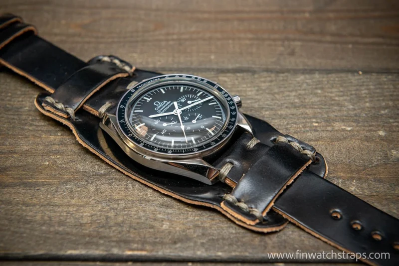 Bund-style Shell Cordovan watch strap, Aviator model. Handmade in Finland, 10-26 mm.