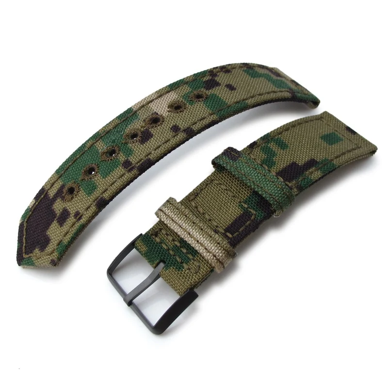 20mm, 21mm or 22mm MiLTAT WW2 2-piece Woodland Camo Cordu-1000D Armband with lockstitch round hole, PVD Black