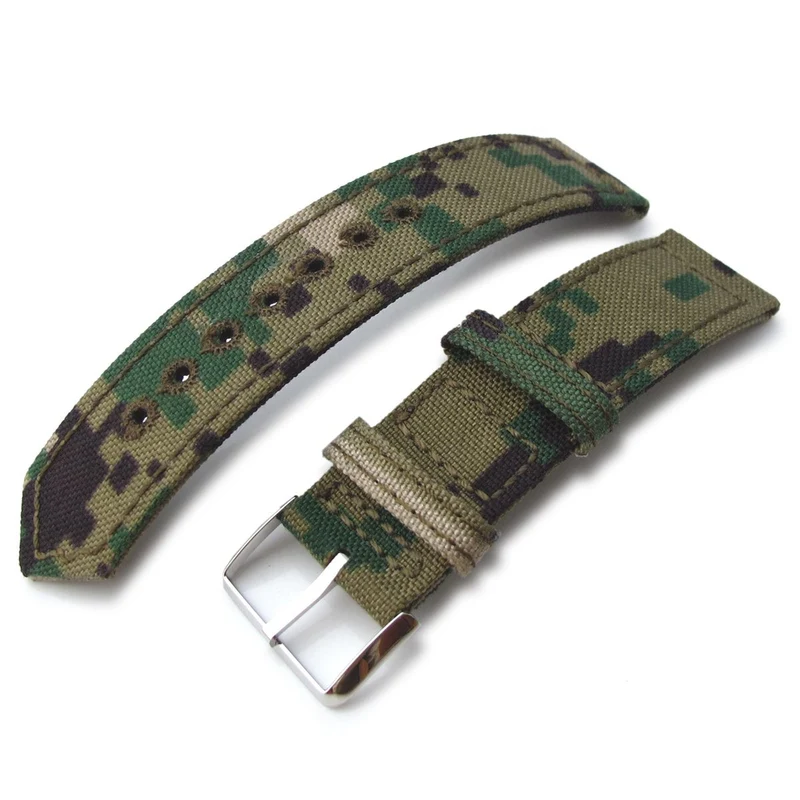 20mm, 21mm or 22mm MiLTAT WW2 2-piece Woodland Camo Cordu-1000D Fabric Armband with lockstitch round hole, Polished