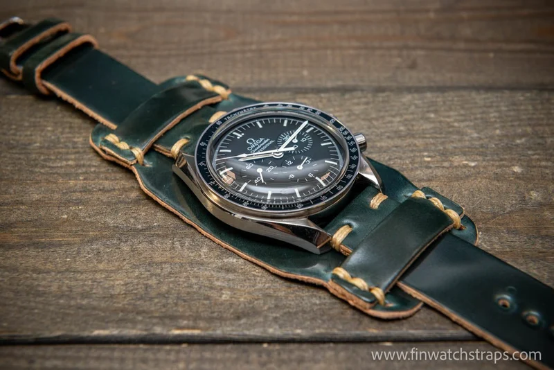 Bund-style Shell Cordovan watch strap, Aviator model. Handmade in Finland, 10-26 mm.