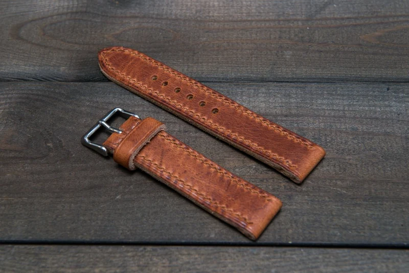 Dublin Cognac Horween hand stitched leather watch band, handmade in Finland