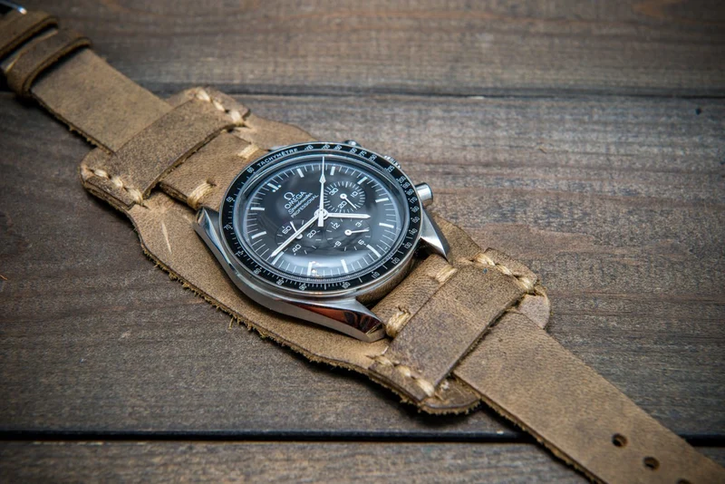 Bund-style Leather Watch Strap, Aviator model, Horween Military Olive
