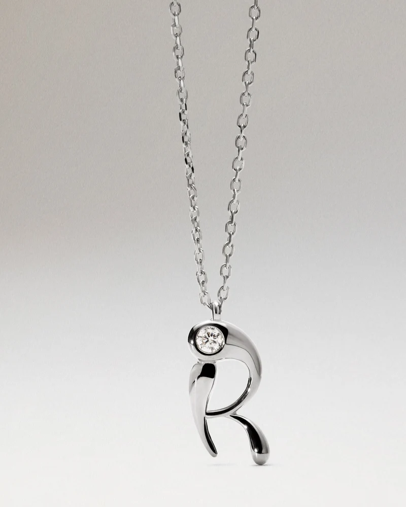 R initial silver pendant necklace