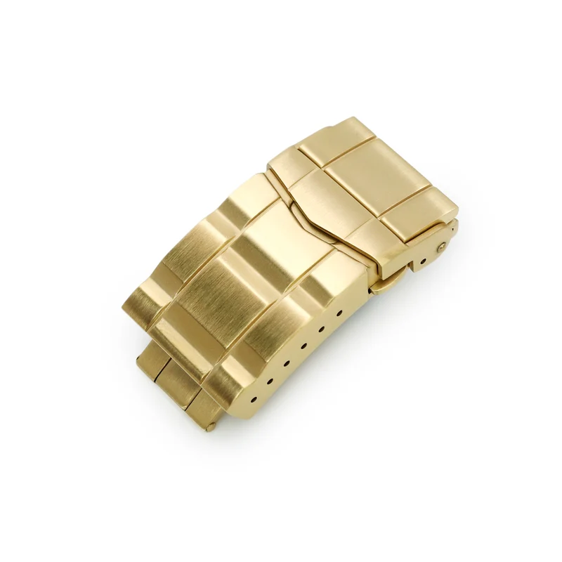 16mm or 18mm Solid 316L Stainless Steel Double Locks SUB Diver Clasp, Button Control, Brushed IP Gold