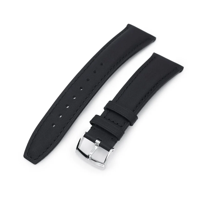 20mm or 22mm Black Woven Texture Watch Strap, Black Stitching, Polished