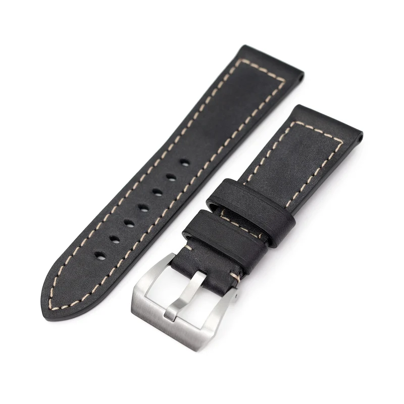 Pam Collection, Black French Crafted Leather Watch Strap for Panerai, Beige Stitching