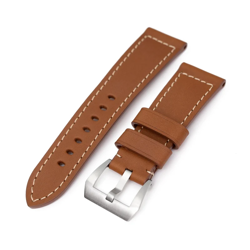 Pam Collection, Brown French Crafted Leather Watch Strap for Panerai, Beige Stitching