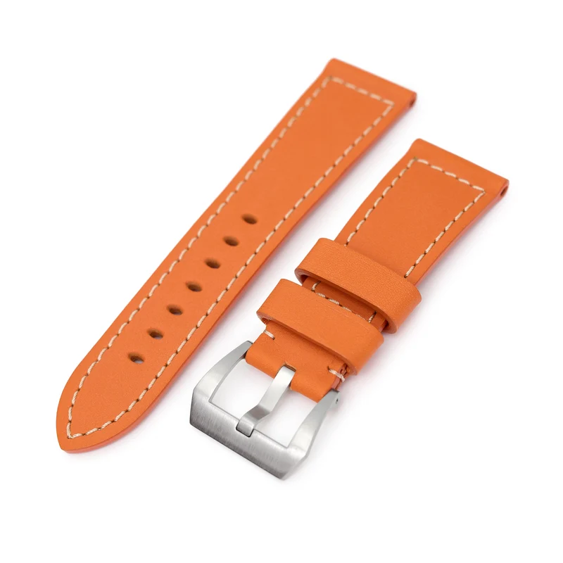 Pam Collection, Orange French Crafted Leather Watch Strap for Panerai, Beige Stitching