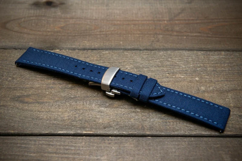 Sailcloth, Cordura military grade watch strap, , Quick-release spring bars are installed, lined with Lorica eco-leather by FinWacthStraps® Deployment clasp installed.