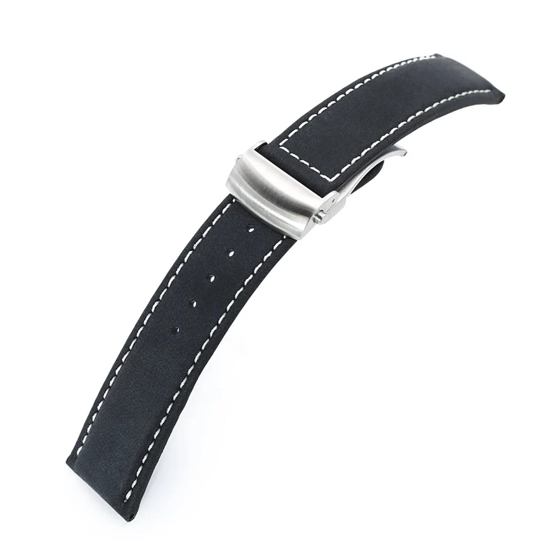 MiLTAT 20mm or 22mm Matte Black Nubuck Leather Deployment Watch Strap, Beige Stitching