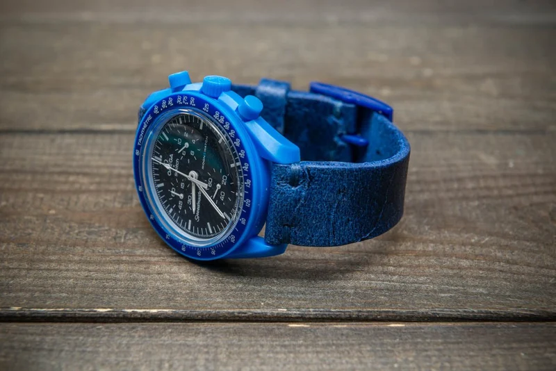 Leather Watch strap for Omega x Swatch , High quality, Compatible with Speedmaster MoonWatch, Mission to Neptune, 20mm - 18mm.