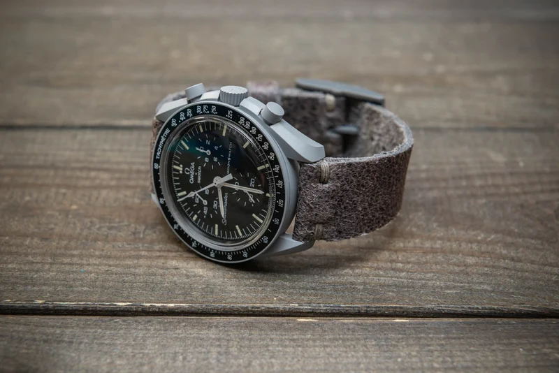 Leather Watch strap for Omega x Swatch , High quality, Compatible with Speedmaster MoonWatch, Mission to the Moon, 20mm - 18mm.