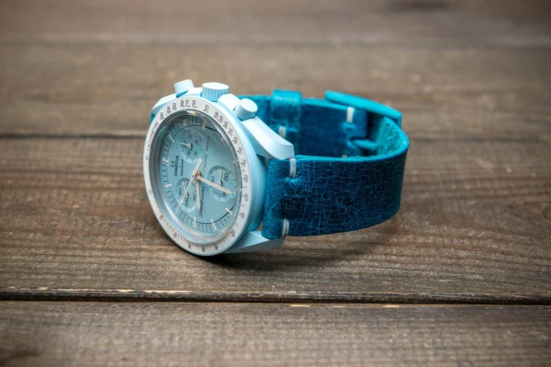 Leather Watch strap for Omega x Swatch , High quality, Compatible with Speedmaster MoonWatch, Mission to Uranus, 20mm - 18mm.