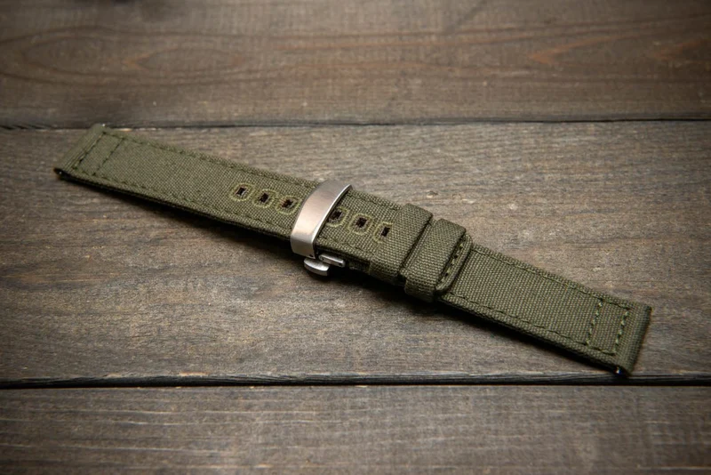 Army premium canvas watch strap, canvas watch band. Handmade in Finland - 19 mm, 20 mm, 21 mm, 22 mm. With a deployment clasp.