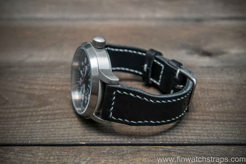 Pilot Leather Watch Strap, Aviator model, Military style stitched tapered model