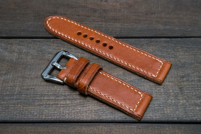 Italian Vachetta Ranger Cognac leather hand stitched watch band, handmade in Finland