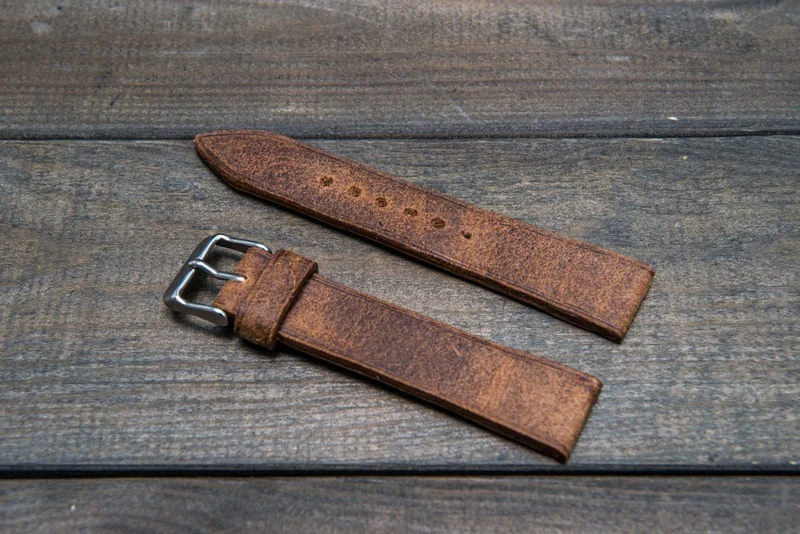 Cognac Monaux suede leather watch strap 3-4 mm thick with lining, handmade in Finland.