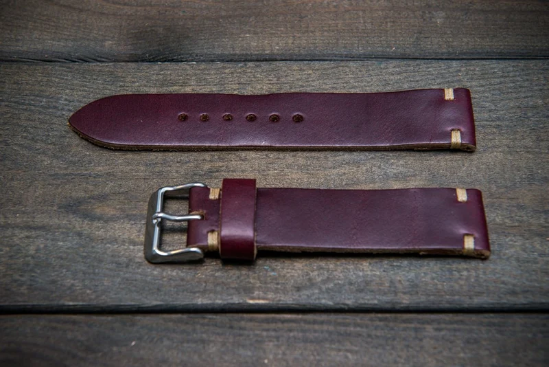 Burgundy Horween Chromexcel leather watch band, handmade in Finland.