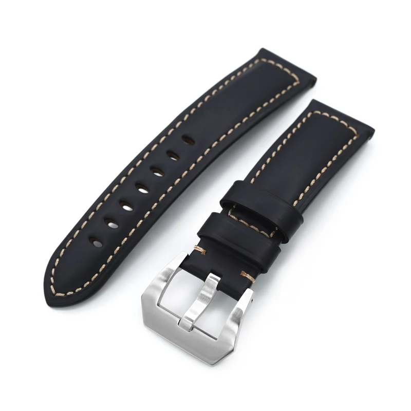 Black Tapered Smooth Leather Watch Strap 22mm 24mm