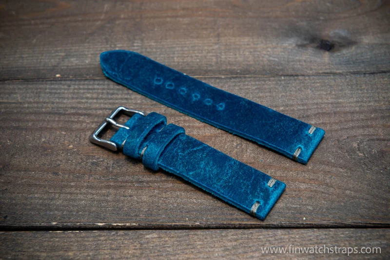 Suede vintage leather watch strap (Crazy cow, Azure Blue).
