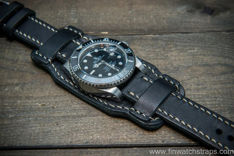 Bund-style Leather Watch Strap, Aviator model, Black Badalassi, Italy