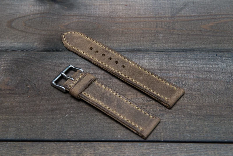 Military Olive hand stitched leather watch band, handmade in Finland