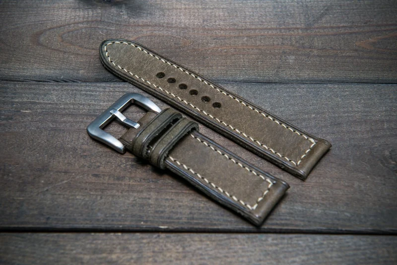 Badalassi Carlo, Pueblo Grigio leather watch strap, hand-stitched, two leather keepers, handmade in Finland