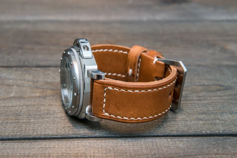 Italian Vachetta Oil Tan leather hand stitched watch band, handmade in Finland