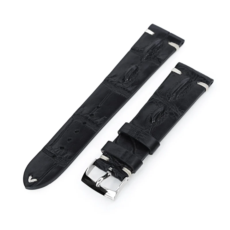 Black Italian Handmade Hornback Alligator Watch Band, Beige Stitching, P Buckle, 20mm or 22mm
