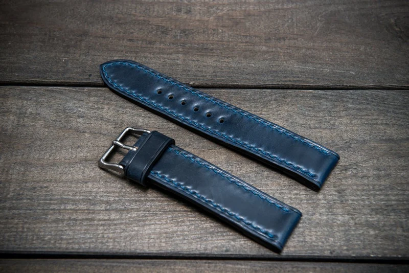 Shell Cordovan leather watch strap , Night Blue. Handmade in Finland