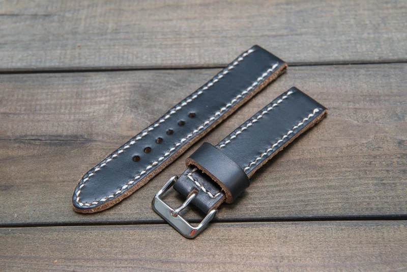 Leather watch band, Horween Black Chromexcel leather watch strap, hand stitched, handmade in Finland - 18mm, 19 mm, 20mm, 21 mm, 22mm, 23 mm, 24mm, 25 mm, 26 mm.