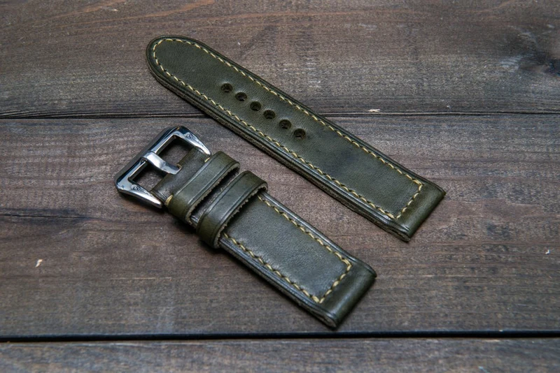 Italian Vachetta Olive leather hand stitched watch band, handmade in Finland