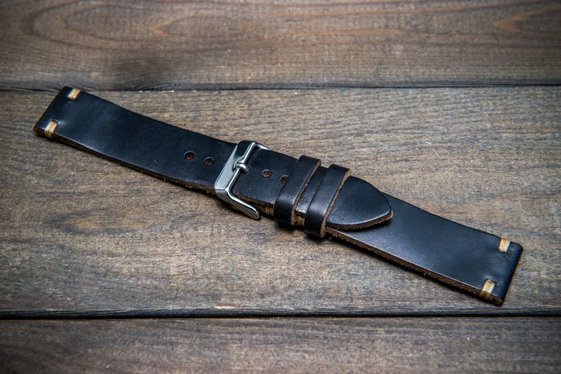 Black Horween Chxl leather watch strap, handmade in Finland