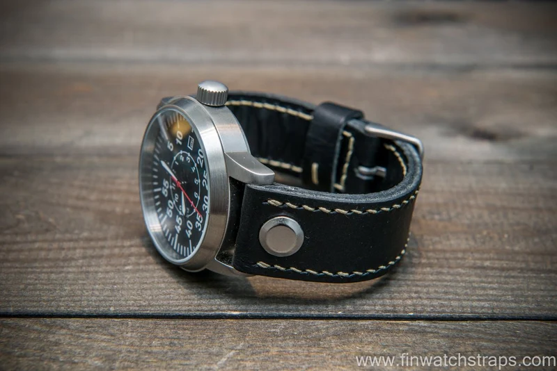 Open end leather watch strap, Black color. Handmade in Finland.