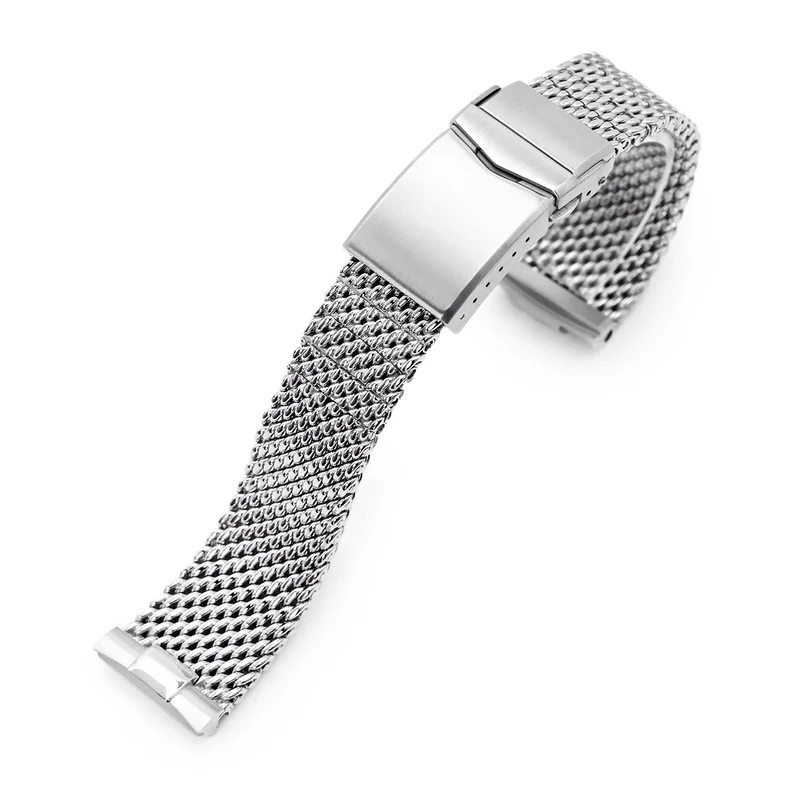 Curved End Massy Mesh Watch Band compatible with Seiko new Turtles SRP777, V-Clasp, Polished