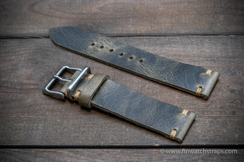 Leather watch strap, Badalassi wax grey. Hand-made to order in Finland.
