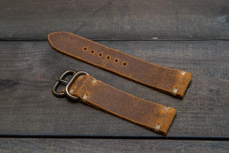 Suede vintage leather watch strap (Wheatbuck), brass buckle, handmade in Finland