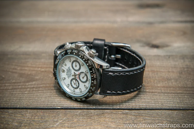 Badalassi Carlo Wax leather watch strap. Black color. Handmade in Finland.