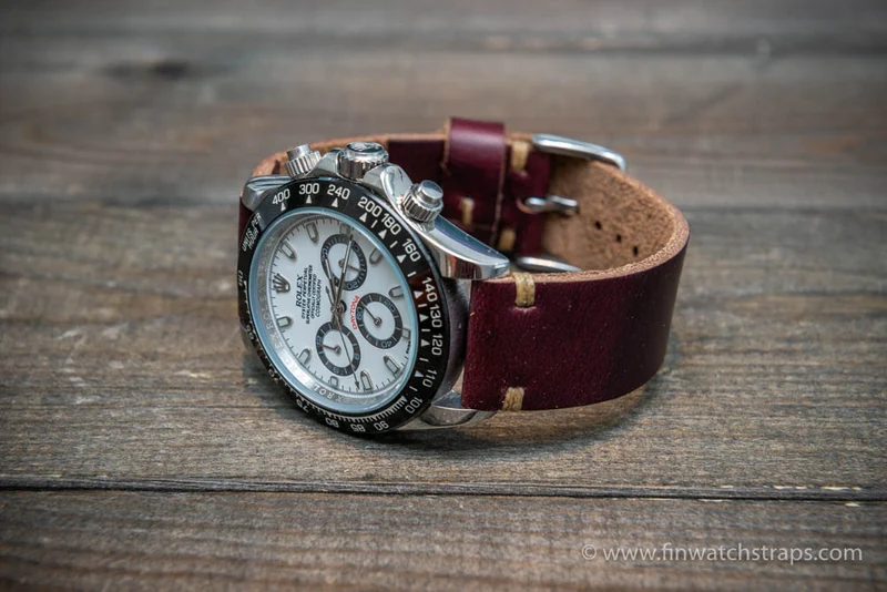 Leather watch strap, Horween Burgundy Chromexcel. Handmade in Finland. 16-26 mm.