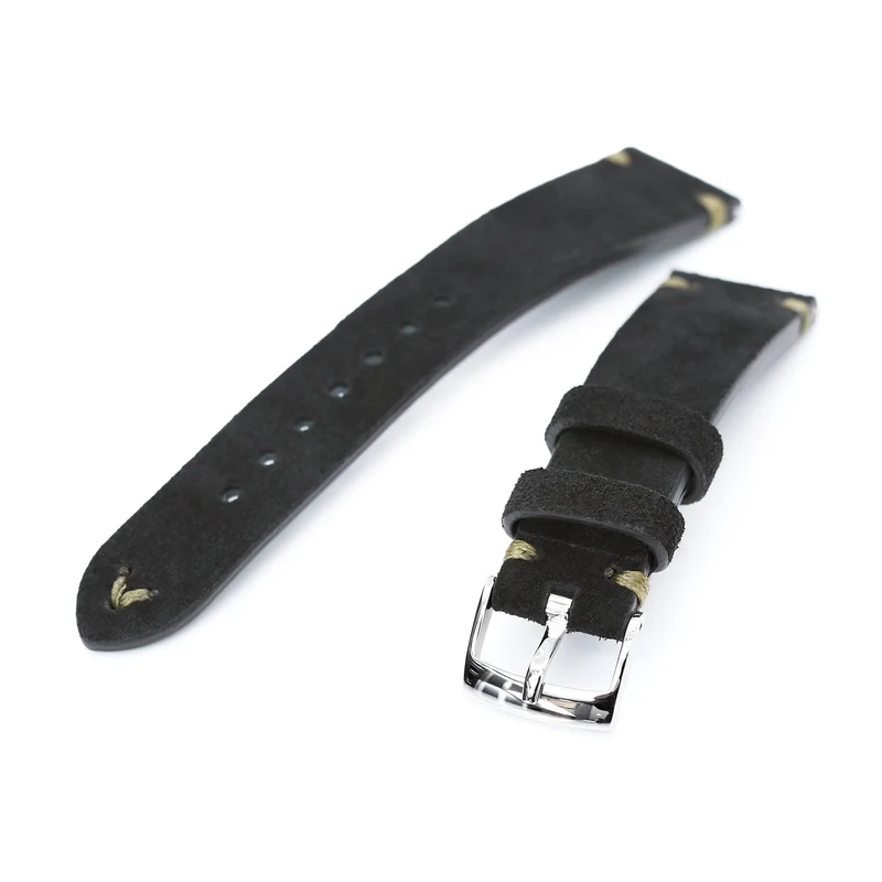 20mm Black Quick Release Italian Suede Leather Watch Strap, Military Green St.