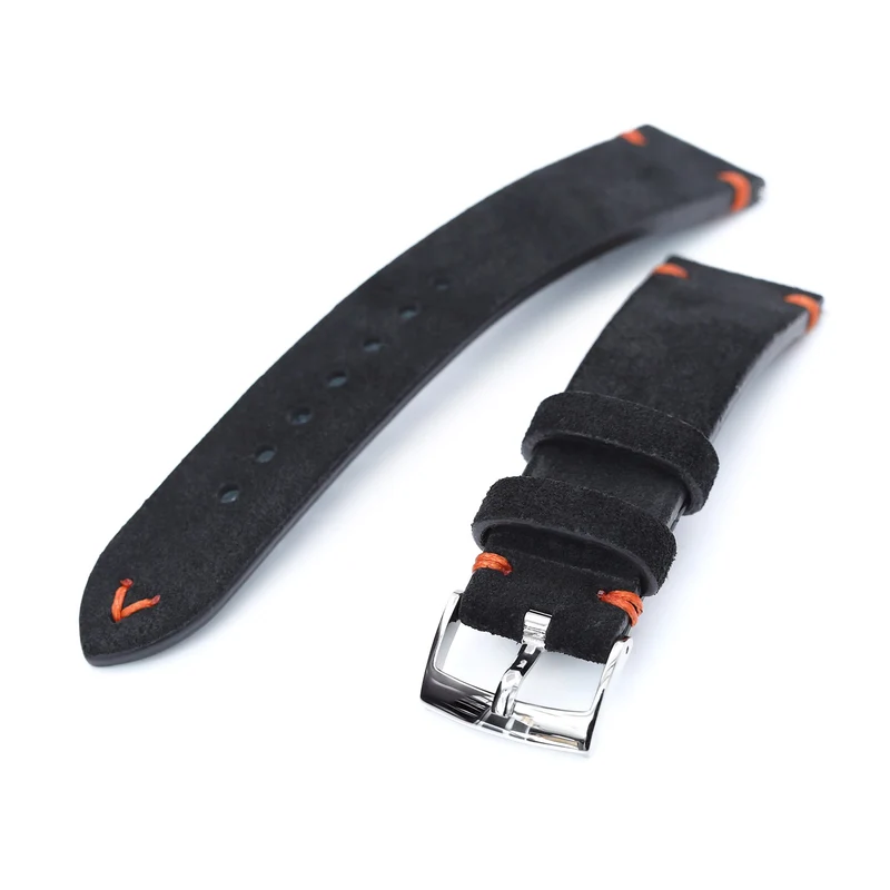 21mm Black Quick Release Italian Suede Leather Watch Strap, Orange St.
