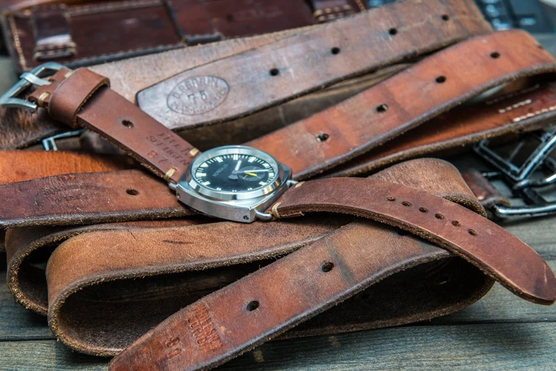 Vintage Swiss ammo watch band, thickness 4 mm, made of army belts, dates back to 1970th-1980th